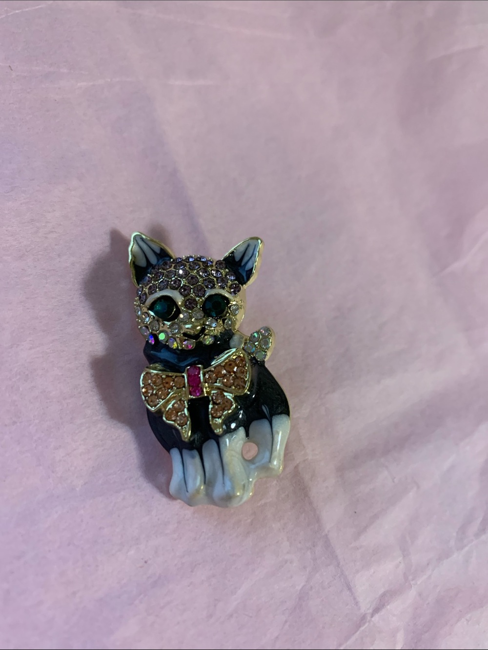 Crystal-Embellished Black & White Cat Brooch with Pink Bow